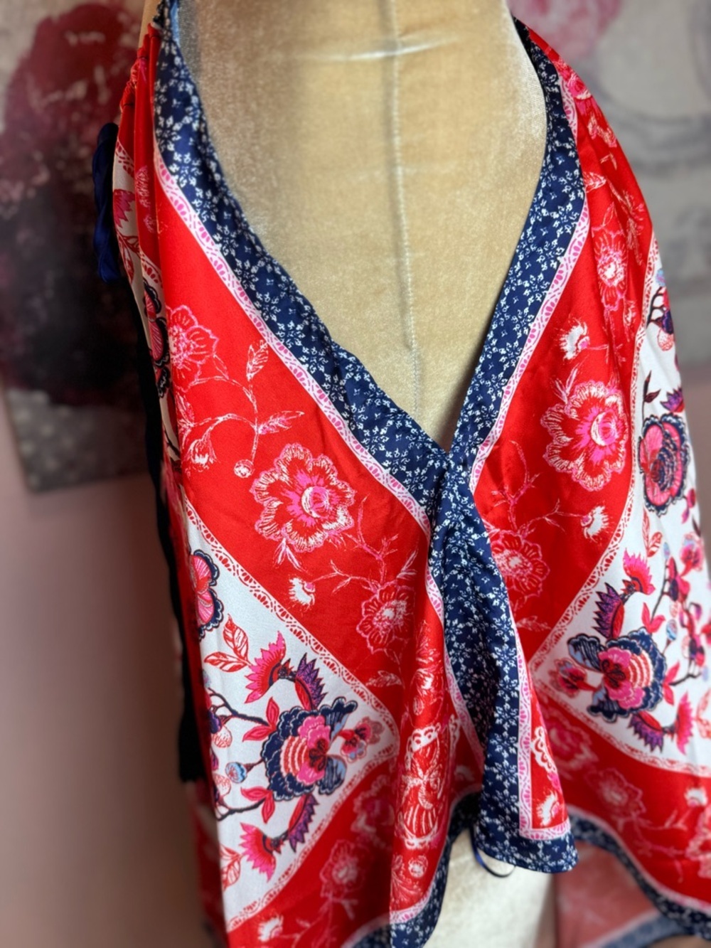 Women Red Floral Hankerchief Halter Top - Picture 2 of 9